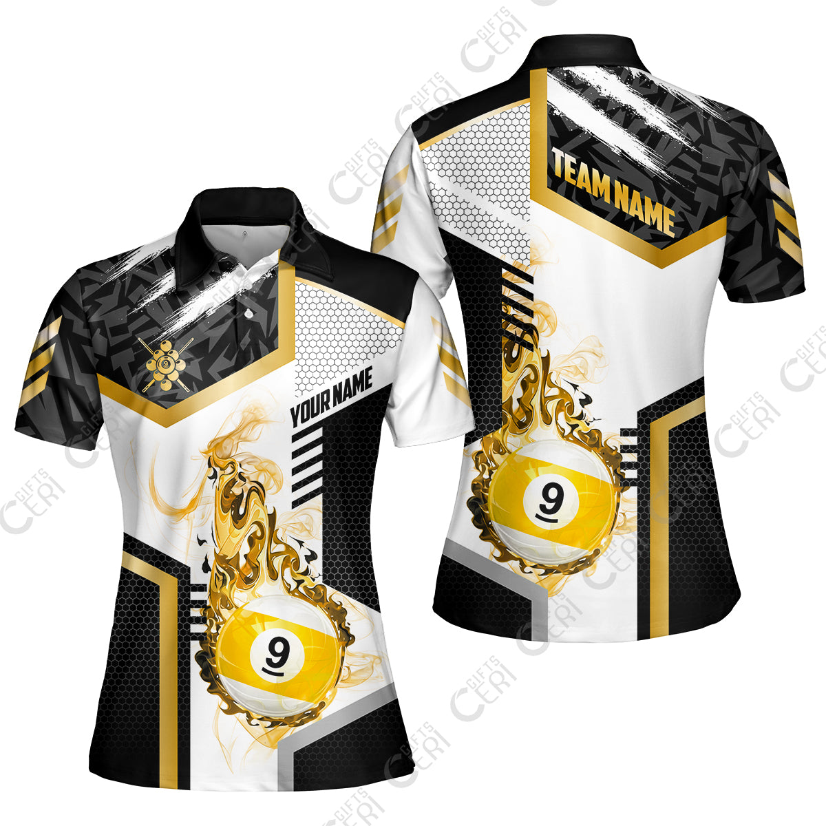 Customized 9 Ball Pool Women Polo Shirt, Flaming 9-Ball Graphic, Billiards Jersey