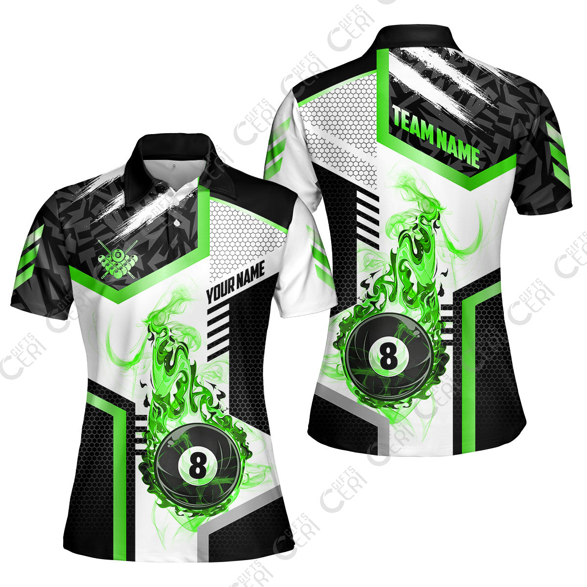 Customized Billiards Women Polo Shirt, Flaming 8-Ball Graphic, 8 Ball Pool Jersey
