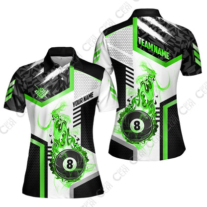 Customized Billiards Women Polo Shirt, Flaming 8-Ball Graphic, 8 Ball Pool Jersey