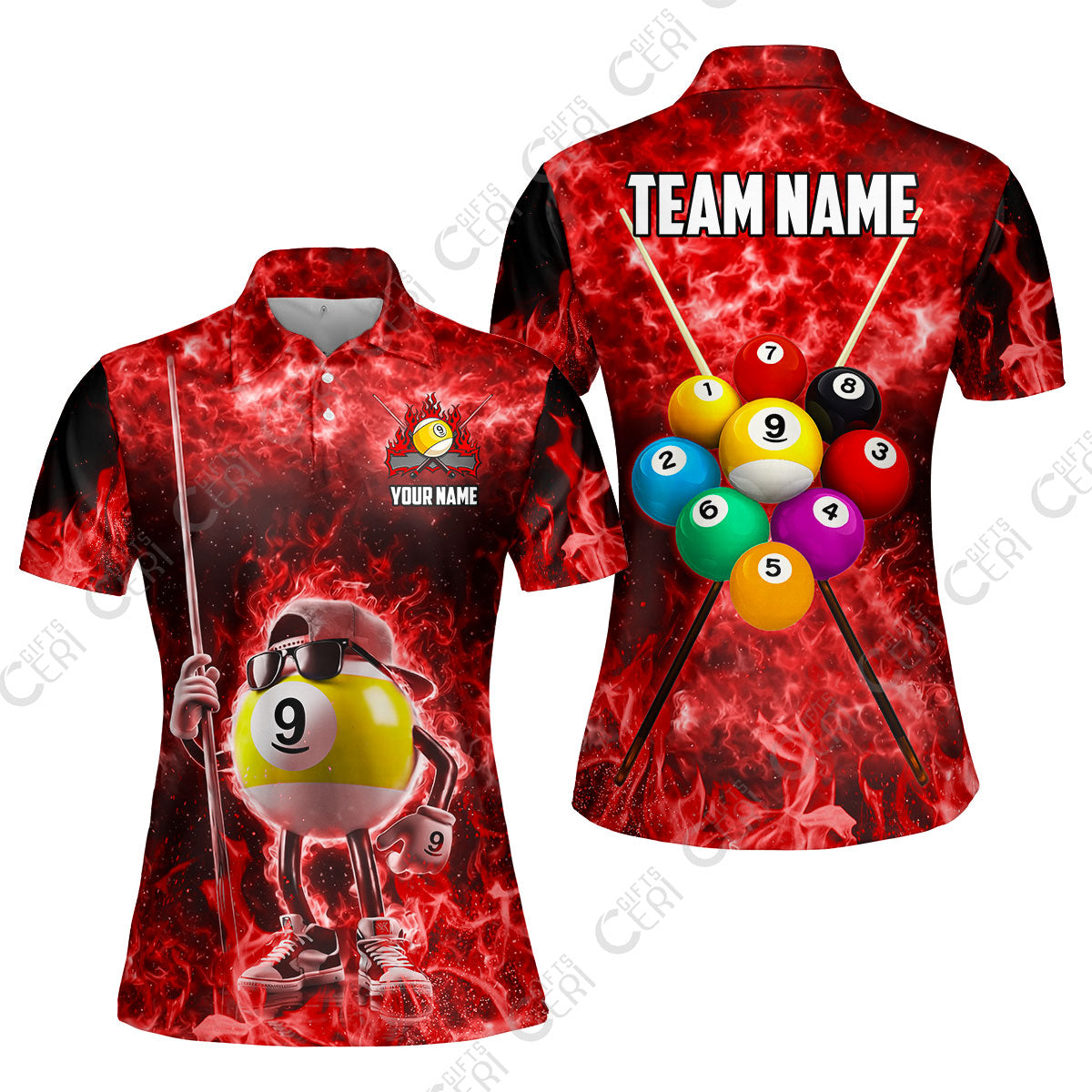 Customized 9 Ball Pool Women Polo Shirt, 9-Ball Wearing Cap And Sunglasses Flaming Burn, Billiard Jerseys