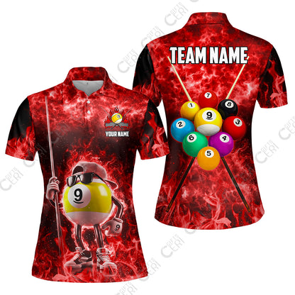 Customized 9 Ball Pool Women Polo Shirt, 9-Ball Wearing Cap And Sunglasses Flaming Burn, Billiard Jerseys
