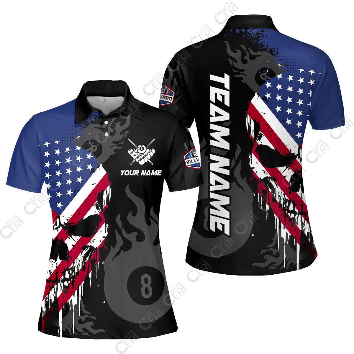 Customized 8 Ball Pool Women Polo Shirt, Billiards 8-Ball Flame And The Skull With American Flag, Billiards Jerseys