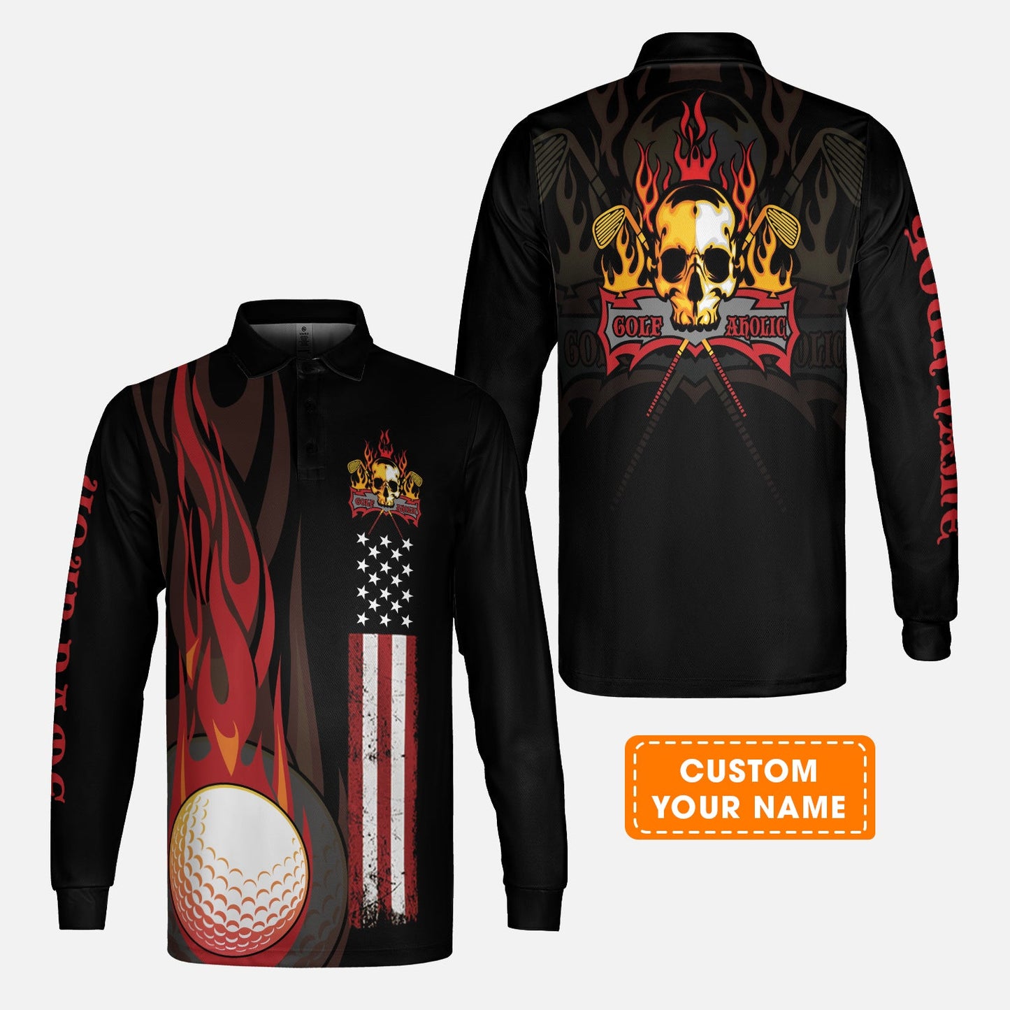 Golf Men Polo Shirt - Flame Skull Golf Ball American Flag Custom Name Polo Shirt - Personalized Gift For Golf Lover, Men, Patriotic