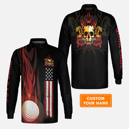 Golf Men Polo Shirt - Flame Skull Golf Ball American Flag Custom Name Polo Shirt - Personalized Gift For Golf Lover, Men, Patriotic