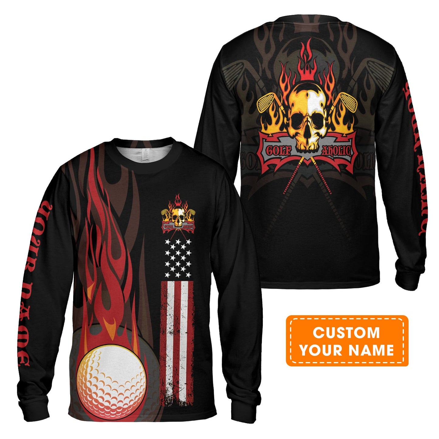 Golf Men Polo Shirt - Flame Skull Golf Ball American Flag Custom Name Polo Shirt - Personalized Gift For Golf Lover, Men, Patriotic