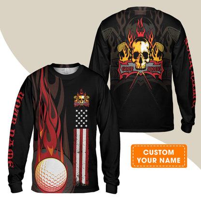 Golf Men Polo Shirt - Flame Skull Golf Ball American Flag Custom Name Polo Shirt - Personalized Gift For Golf Lover, Men, Patriotic