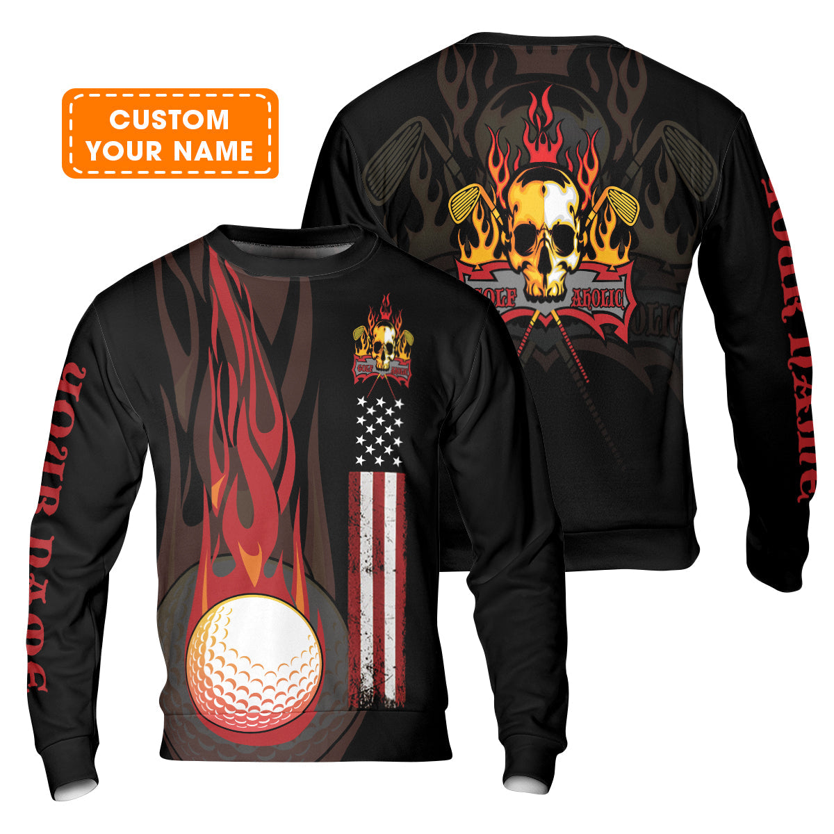 Golf Men Polo Shirt - Flame Skull Golf Ball American Flag Custom Name Polo Shirt - Personalized Gift For Golf Lover, Men, Patriotic