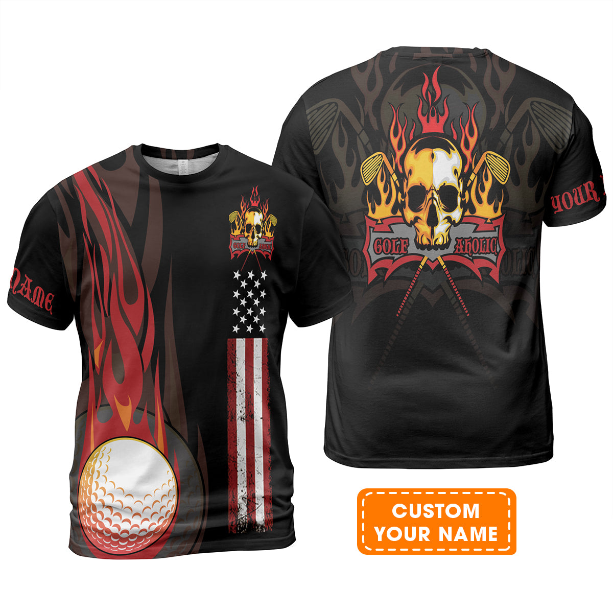 Golf Men Polo Shirt - Flame Skull Golf Ball American Flag Custom Name Polo Shirt - Personalized Gift For Golf Lover, Men, Patriotic