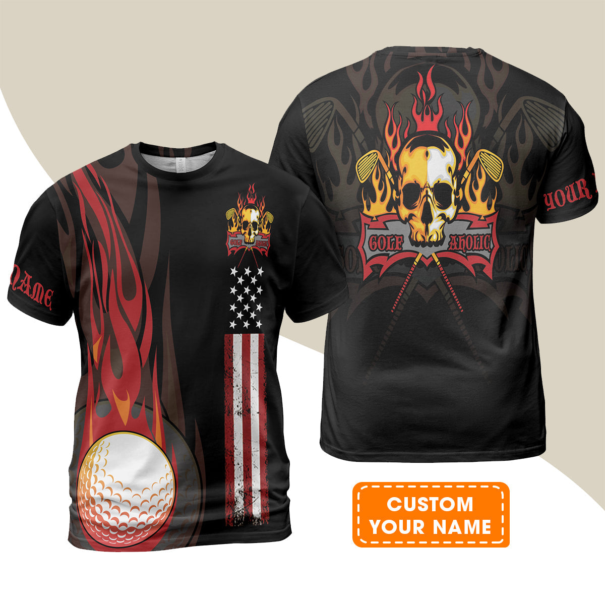 Golf Men Polo Shirt - Flame Skull Golf Ball American Flag Custom Name Polo Shirt - Personalized Gift For Golf Lover, Men, Patriotic