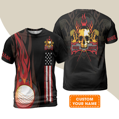 Golf Men Polo Shirt - Flame Skull Golf Ball American Flag Custom Name Polo Shirt - Personalized Gift For Golf Lover, Men, Patriotic