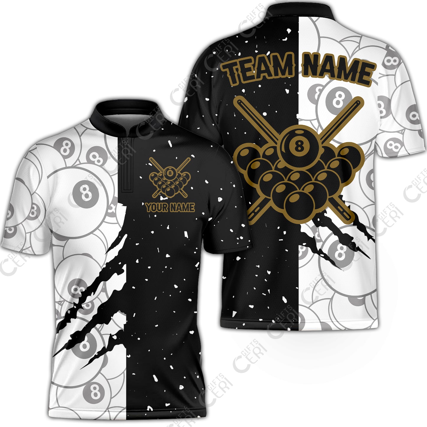 Customized Billiards Stand Collar Quarter-Zip Short Sleeve Jersey, Triangle Rack Of Balls With Crossed Cue Sticks 8 Ball Pool Jersey