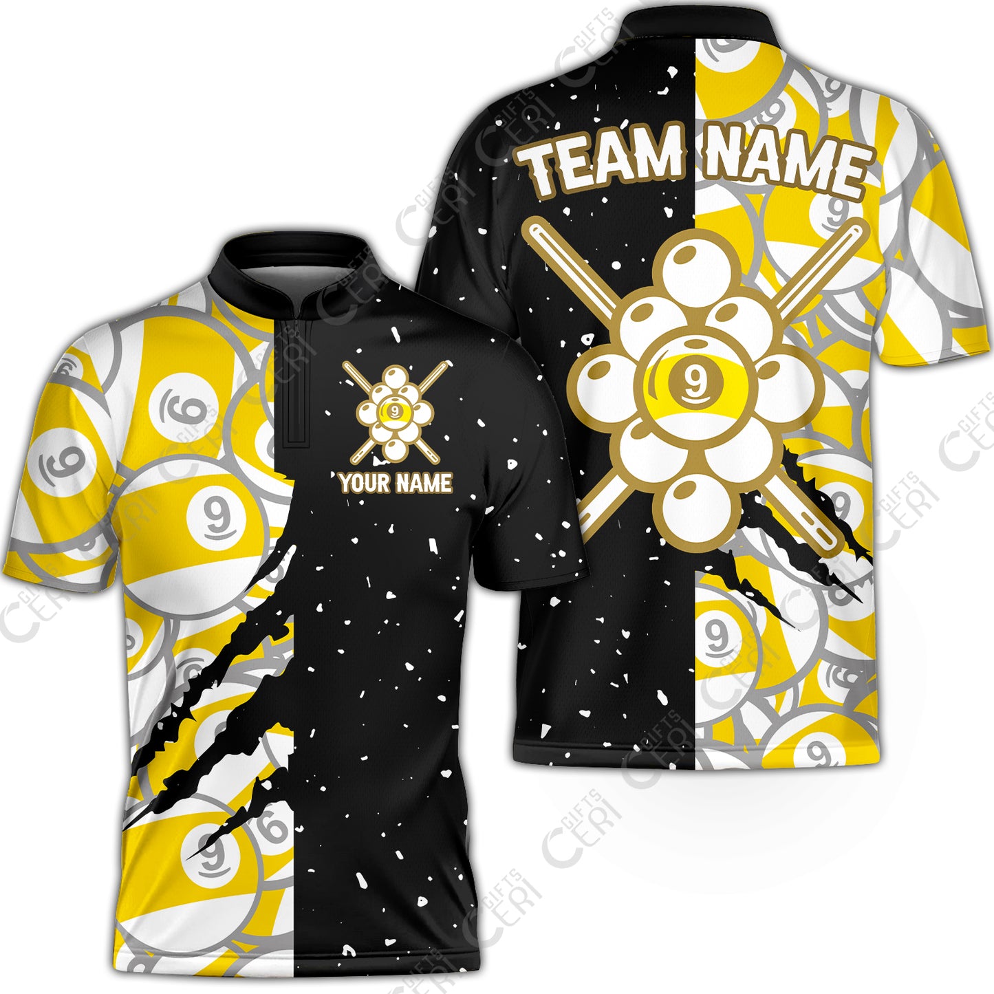 Customized Billiards Stand Collar Quarter-Zip Short Sleeve Jersey, Splatter And Claw-Mark Effects 9 Ball Jersey