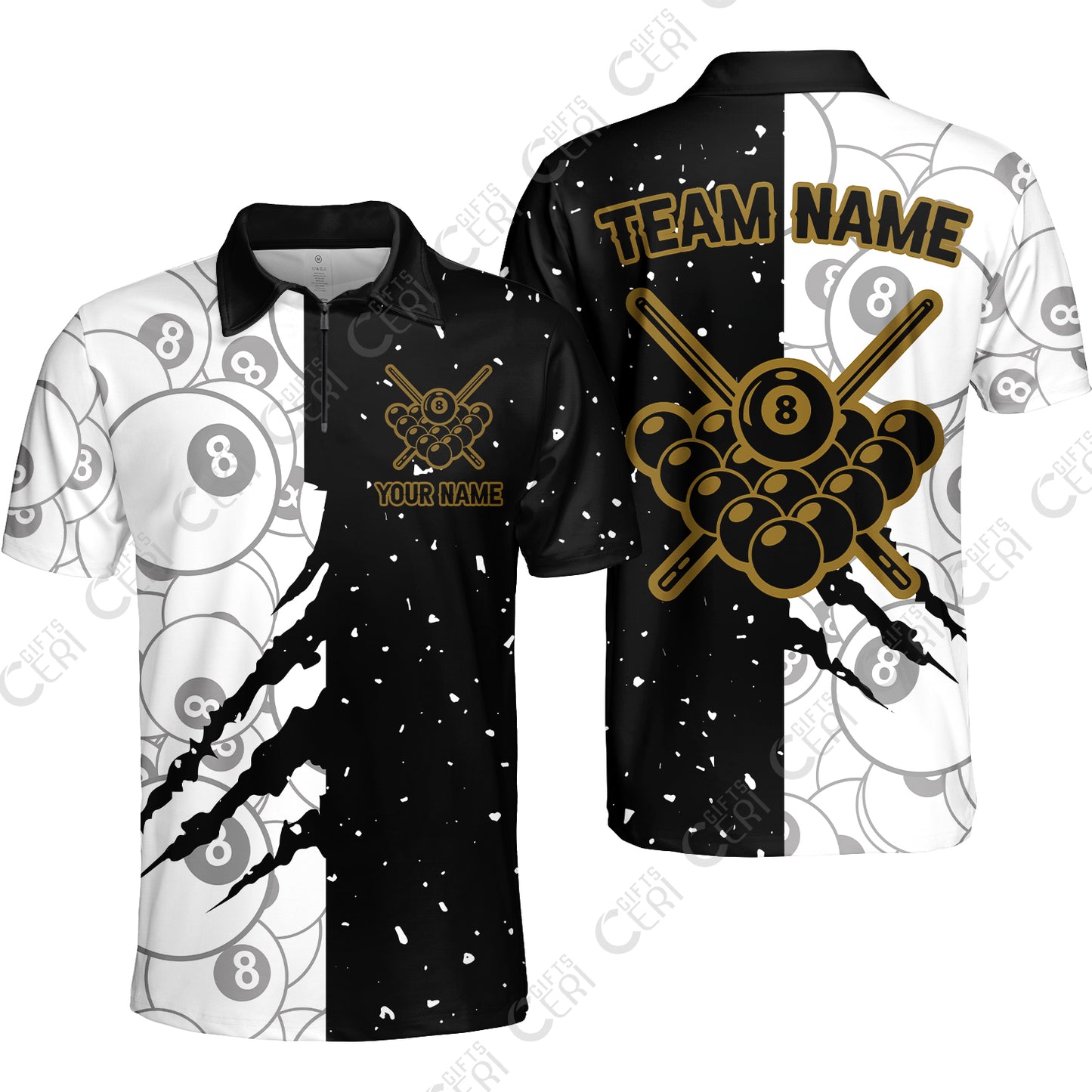 Customized Billiards Quarter-Zip Polo Shirt, Triangle Rack Of Balls With Crossed Cue Sticks 8 Ball Pool Jersey