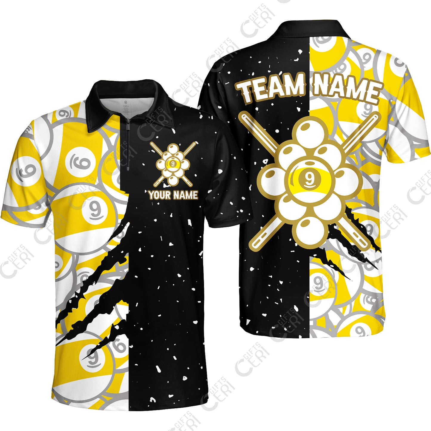 Customized Billiards Quarter-Zip Polo Shirt, Splatter And Claw-Mark Effects 9 Ball Jersey