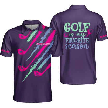 Purple Gradient Womens Golf Polo Shirt Custom Name Golf Is My Favorite Season, Golf Gifts For Women