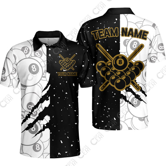 Customized Billiards Unisex Polo Shirt, Triangle Rack Of Balls With Crossed Cue Sticks 8 Ball Pool Jersey