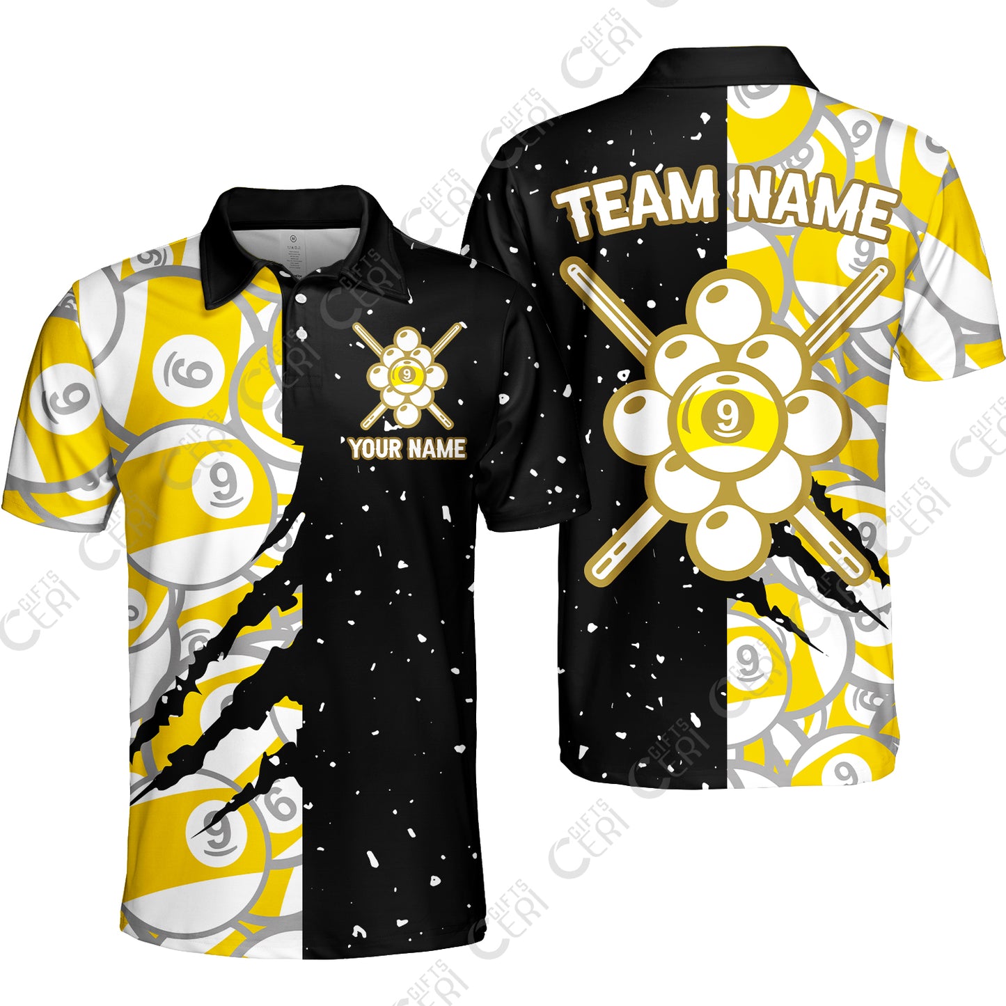 Customized Billiards Unisex Polo Shirt, Splatter And Claw-Mark Effects 9 Ball Jersey