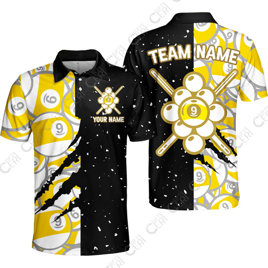 Customized Billiards Unisex Polo Shirt, Splatter And Claw-Mark Effects 9 Ball Jersey