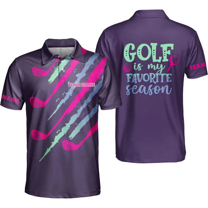 Purple Gradient Womens Golf Polo Shirt Custom Name Golf Is My Favorite Season, Golf Gifts For Women