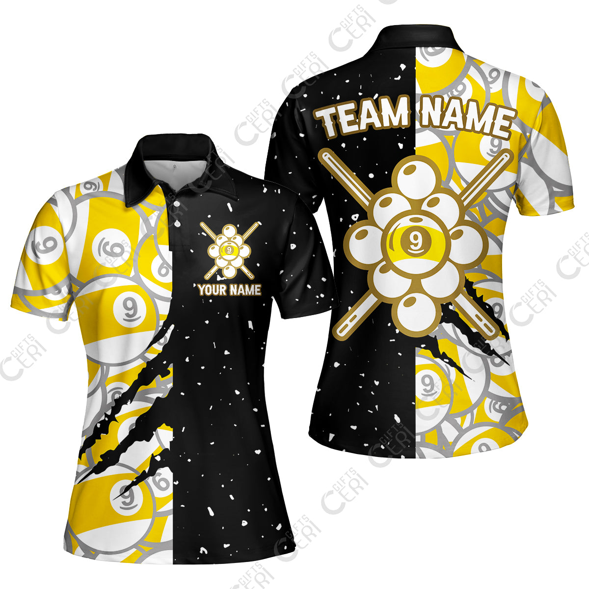 Customized Billiards Women Polo Shirt, Splatter And Claw-Mark Effects 9 Ball Jersey