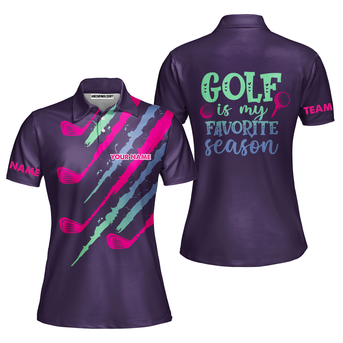 Purple Gradient Womens Golf Polo Shirt Custom Name Golf Is My Favorite Season, Golf Gifts For Women