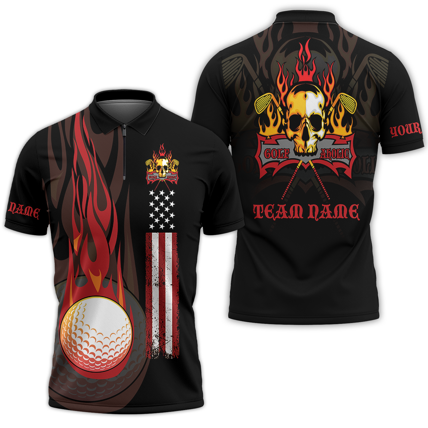 Golf Zip Polo Shirt - Flame Skull Golf Ball American Flag Custom Name Apparel - Personalized Gift For Golf Lover, Team, Husband, Men, Patriotic