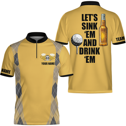 Plaid Pattern Golf Beer Men Polo Shirt, Let's Sink 'Em And Drink 'Em Golf Polo Shirt, Golf Gift Idea For Beer Lovers