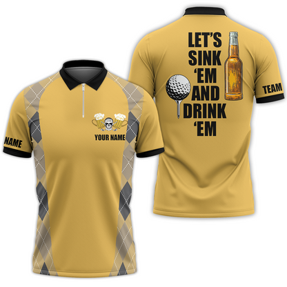 Plaid Pattern Golf Beer Men Polo Shirt, Let's Sink 'Em And Drink 'Em Golf Polo Shirt, Golf Gift Idea For Beer Lovers