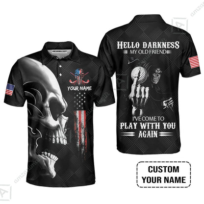 Personalized Golf Hawaiian Shirt- Custom Name Skull Shirt, Golf American Flag Hello Darkness My Old Friend Hawaiian Shirt