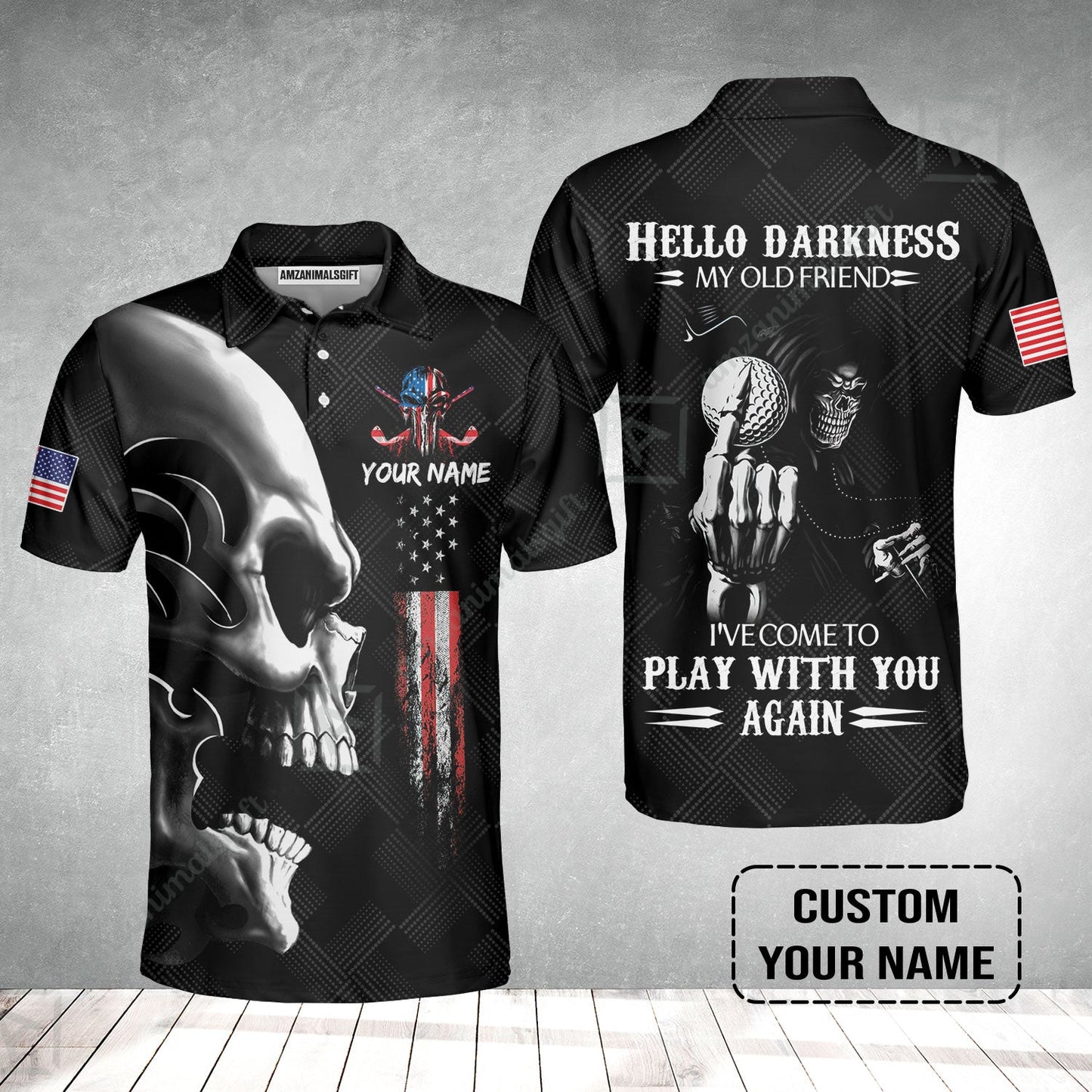 Personalized Golf Men Polo Shirt - Custom Name Skull Shirt, Golf American Flag Hello Darkness My Old Friend Men Polo Shirt