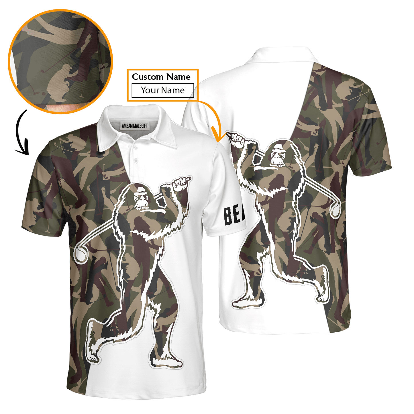 Custom Golf T-Shirt - Funny Bigfoot Golf T-Shirt, Camo Pattern Custom Name Sasquatch Playing Golf Apparel