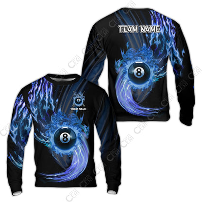 Customized 8 Ball Pool Sweatshirt, 8-Ball Swirling Fire And Glowing Smoke, Billiards Jerseys