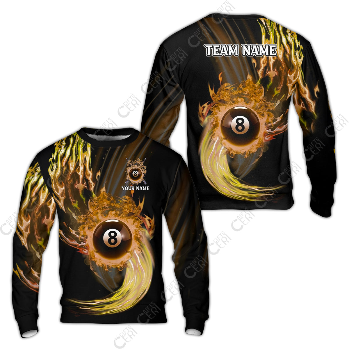 Customized 8 Ball Pool Sweatshirt, 8-Ball Swirling Fire And Glowing Smoke, Billiards Jerseys