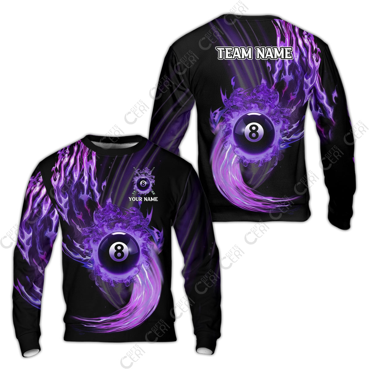 Customized 8 Ball Pool Sweatshirt, 8-Ball Swirling Fire And Glowing Smoke, Billiards Jerseys