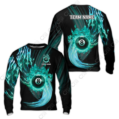 Customized 8 Ball Pool Sweatshirt, 8-Ball Swirling Fire And Glowing Smoke, Billiards Jerseys