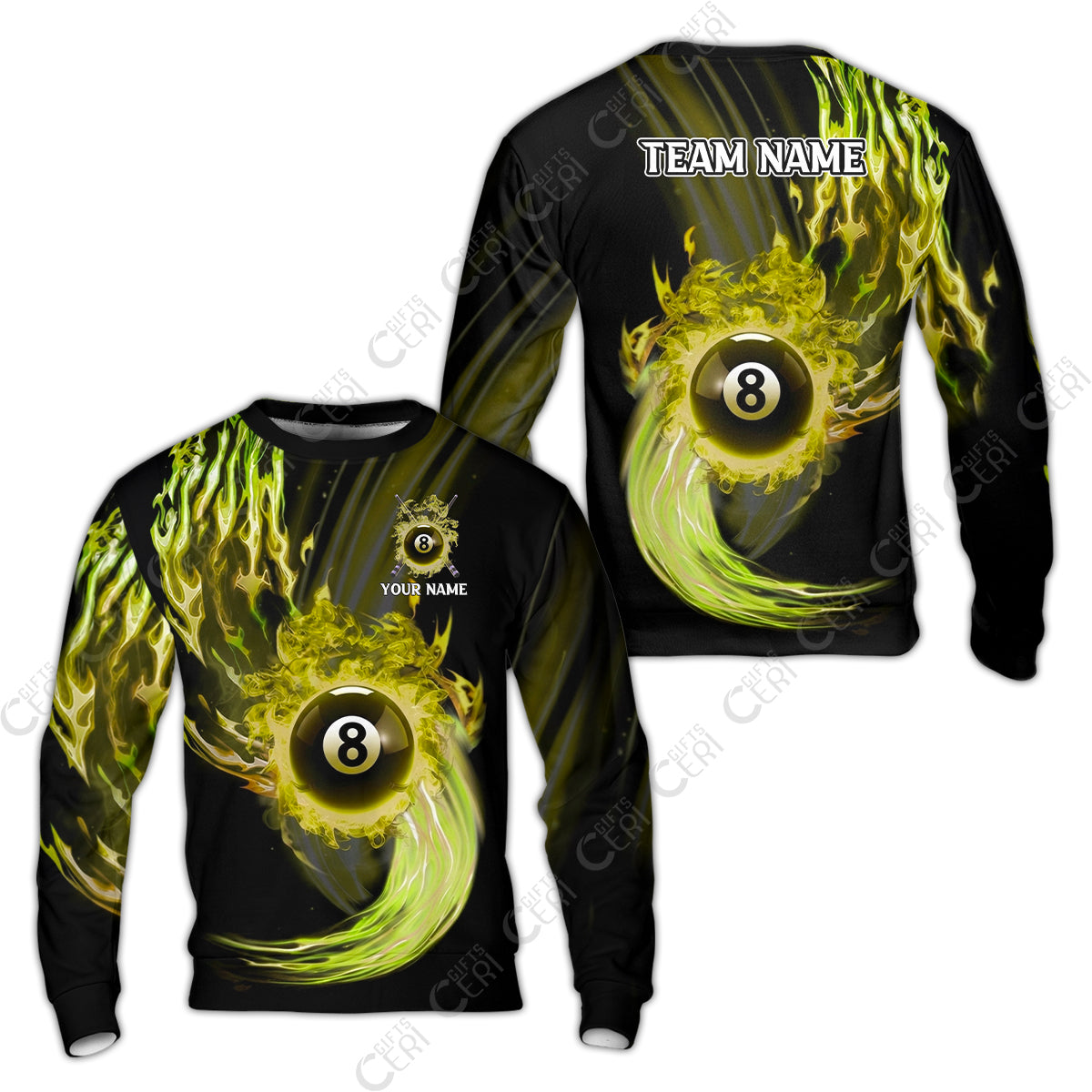 Customized 8 Ball Pool Sweatshirt, 8-Ball Swirling Fire And Glowing Smoke, Billiards Jerseys