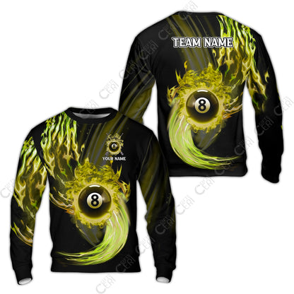 Customized 8 Ball Pool Sweatshirt, 8-Ball Swirling Fire And Glowing Smoke, Billiards Jerseys