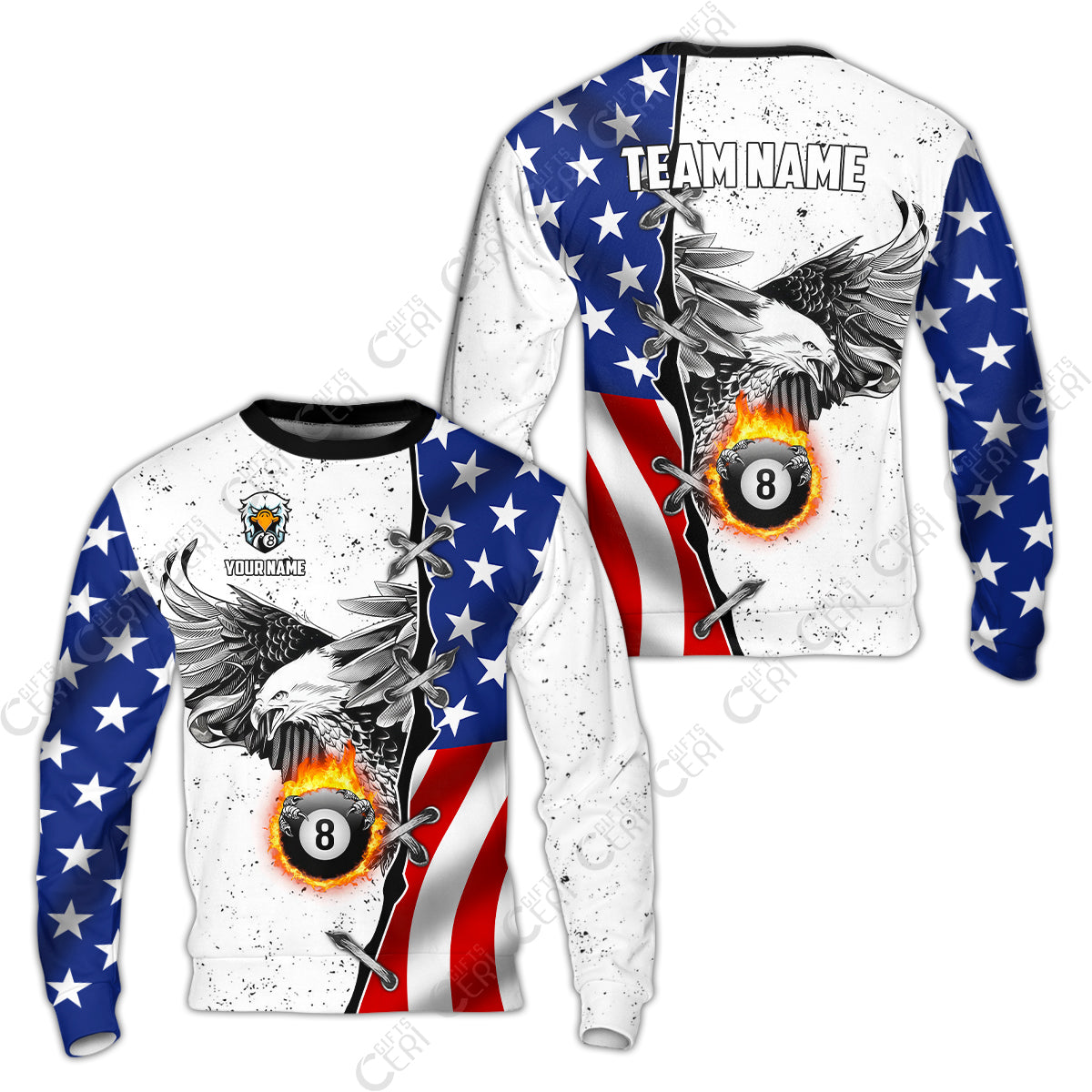 Customized Billiards Sweatshirt, US Flag White Eagle Flame Pin Dust Pattern Personalized Billiard 8 Ball Jersey