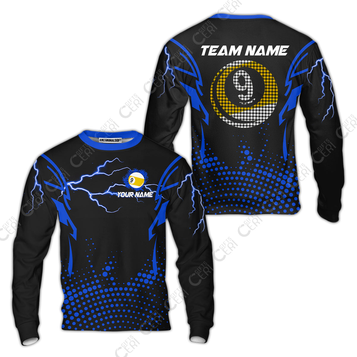 Customized Billiards Sweatshirt, Lightning Graphics With Dots 9 Ball Pool Jersey