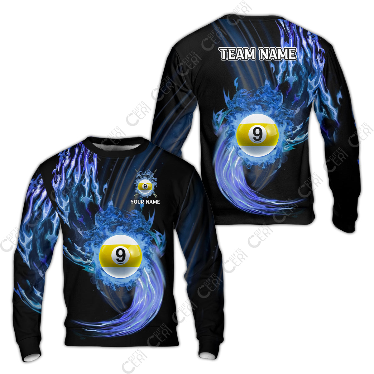 Customized 9 Ball Pool Sweatshirt, 9-Ball Swirling Fire And Glowing Smoke, Billiards Jerseys