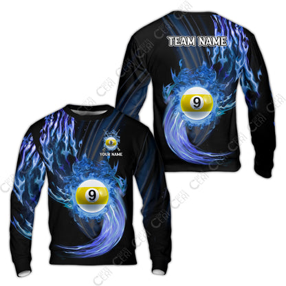 Customized 9 Ball Pool Sweatshirt, 9-Ball Swirling Fire And Glowing Smoke, Billiards Jerseys