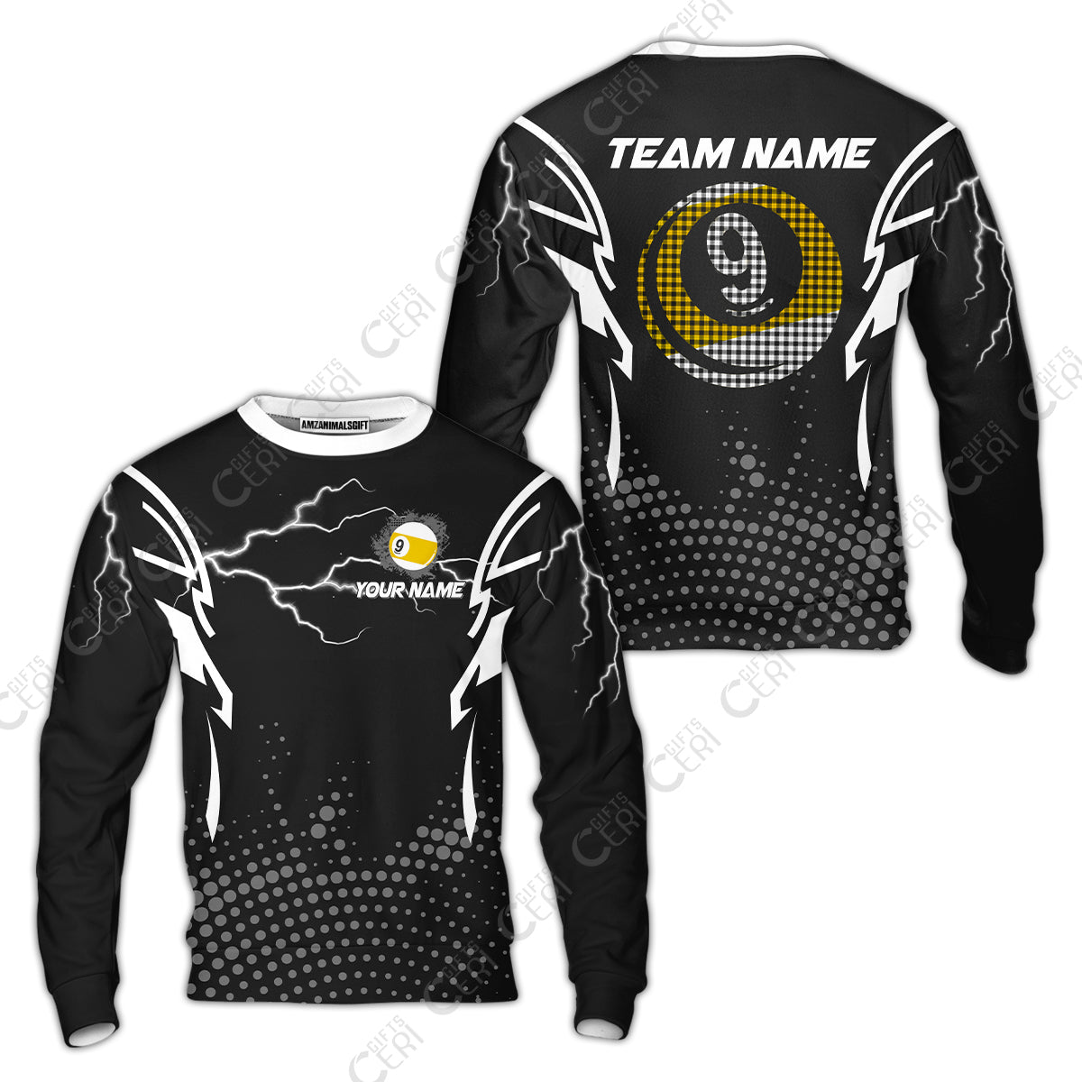 Customized Billiards Sweatshirt, Lightning Graphics With Dots 9 Ball Pool Jersey