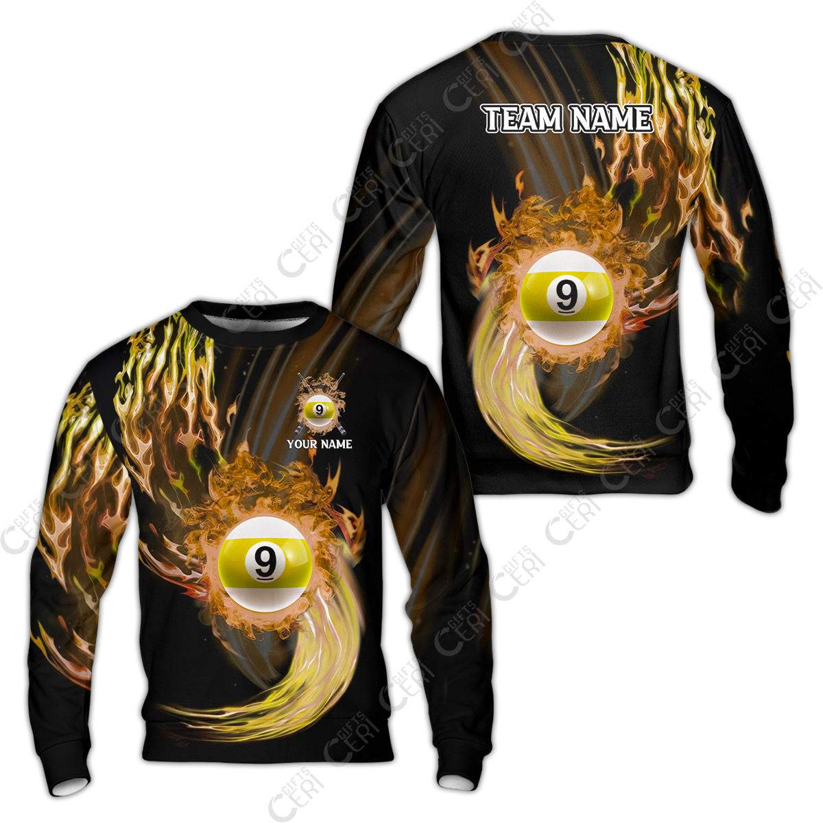 Customized 9 Ball Pool Sweatshirt, 9-Ball Swirling Fire And Glowing Smoke, Billiards Jerseys