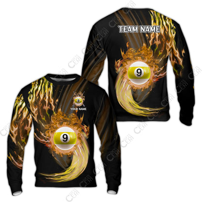 Customized 9 Ball Pool Sweatshirt, 9-Ball Swirling Fire And Glowing Smoke, Billiards Jerseys
