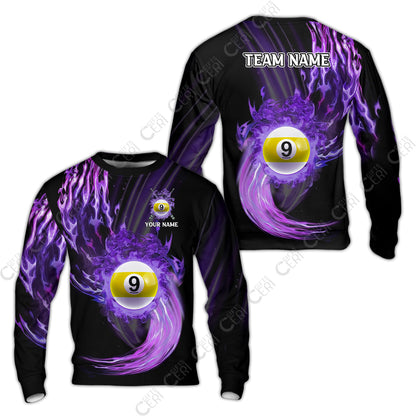 Customized 9 Ball Pool Sweatshirt, 9-Ball Swirling Fire And Glowing Smoke, Billiards Jerseys