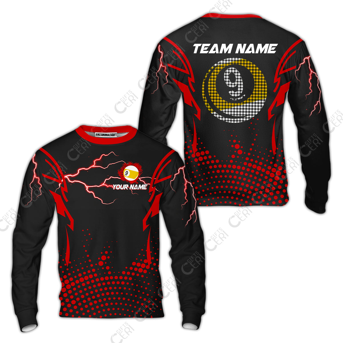Customized Billiards Sweatshirt, Lightning Graphics With Dots 9 Ball Pool Jersey