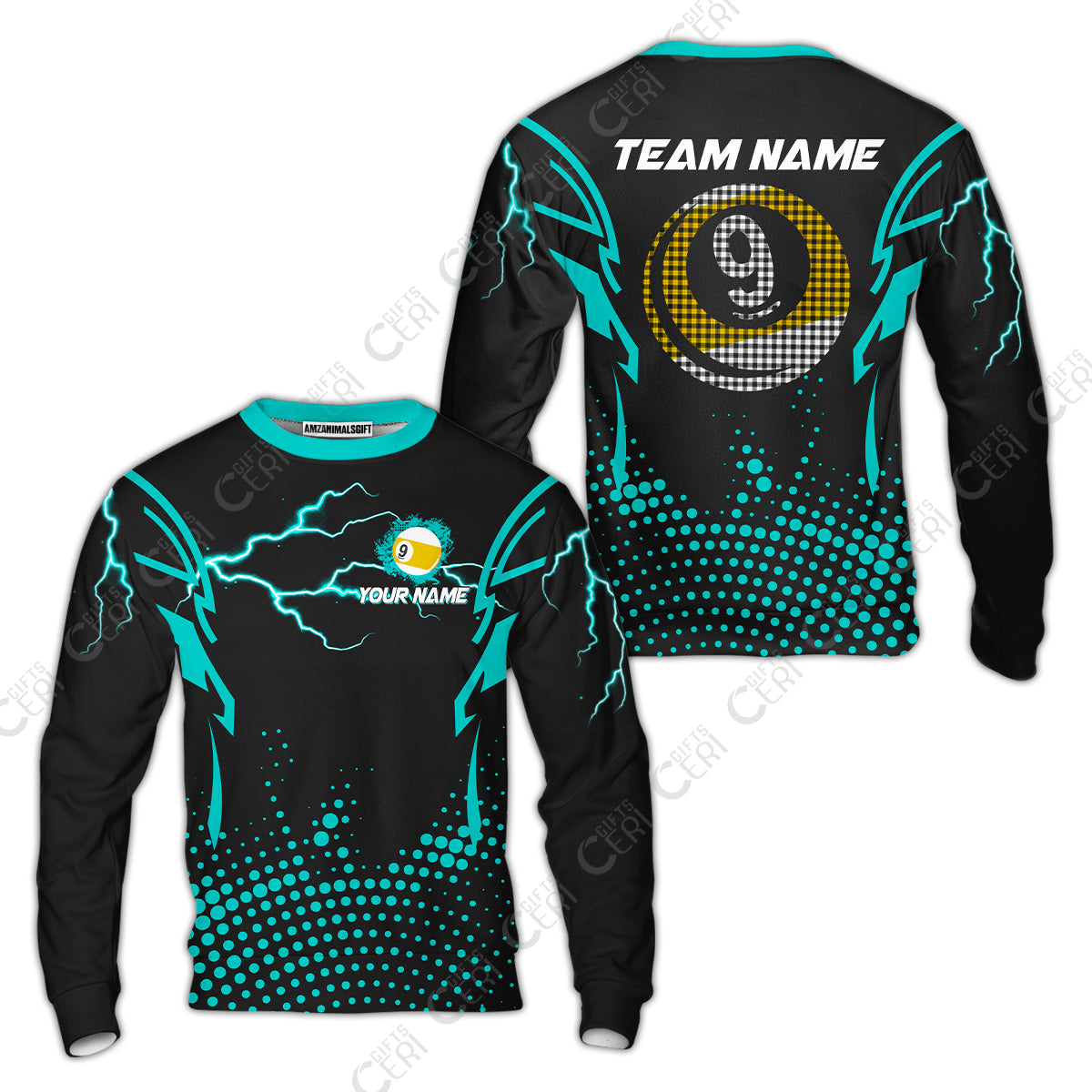 Customized Billiards Sweatshirt, Lightning Graphics With Dots 9 Ball Pool Jersey