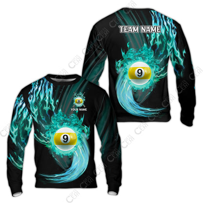 Customized 9 Ball Pool Sweatshirt, 9-Ball Swirling Fire And Glowing Smoke, Billiards Jerseys