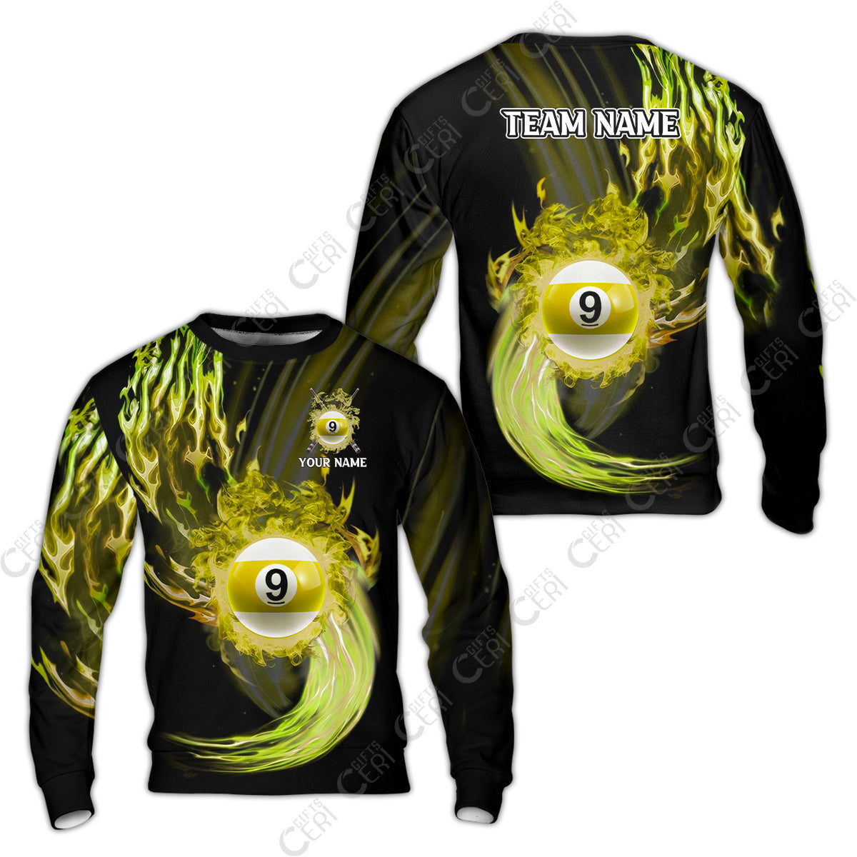 Customized 9 Ball Pool Sweatshirt, 9-Ball Swirling Fire And Glowing Smoke, Billiards Jerseys