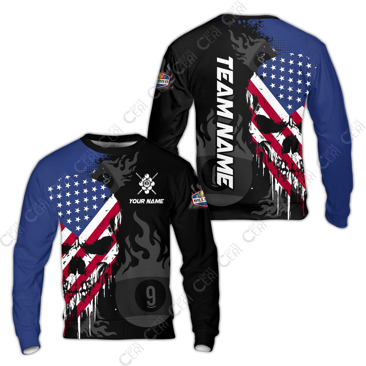 Customized 9 Ball Pool Sweatshirt, Billiards 9-Ball Flame And The Skull With American Flag, Billiards Jerseys